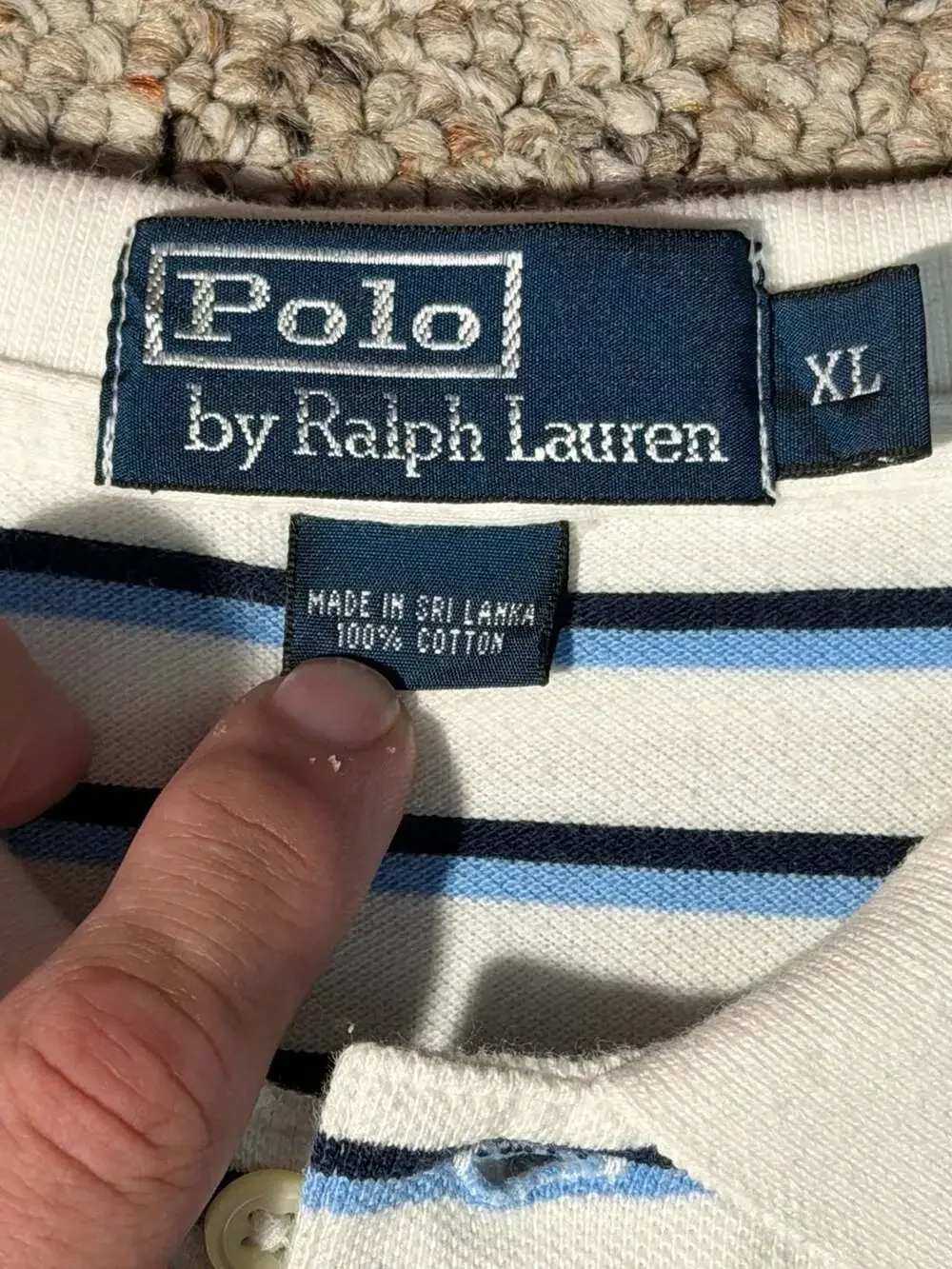 Polo Ralph Lauren Mens Vintage‎ Striped Pique Polo Shirt XL White Blue